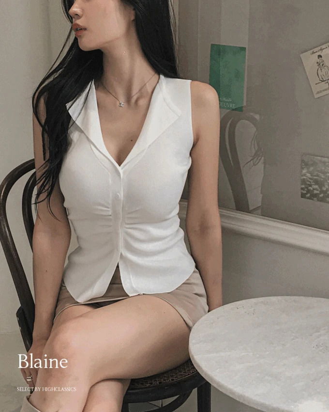 Blaine V-Neck Collar Shirring Waist Cinched Hem Button Sleeveless Knitwear 