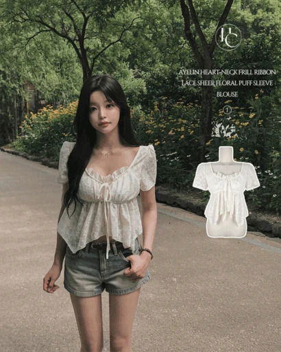 아엘린 하트넥 프릴 리본 스트랩 셔링 밴딩 플라워 레이스 플레어 반팔 블라우스