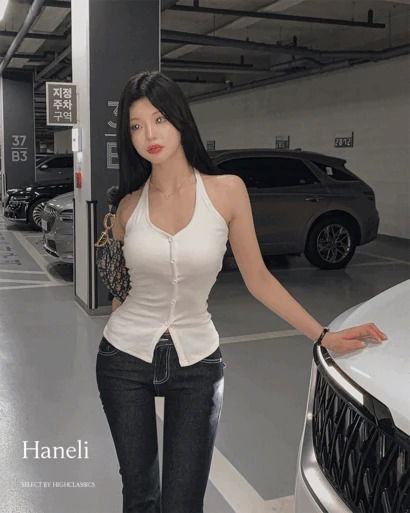 하넬리 홀터 캡내장 가슴패드 단추 슬림 쫀쫀 세로골지 나시 티