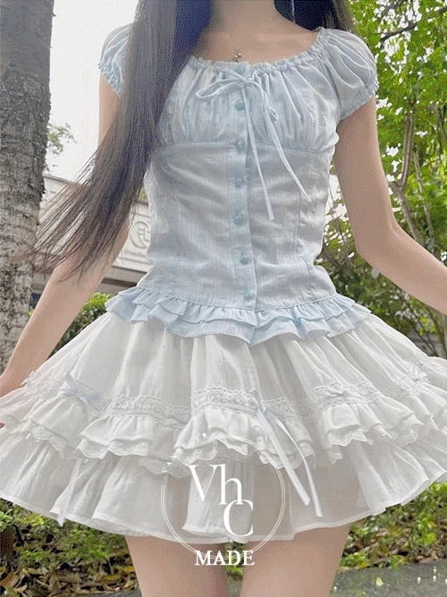 緞帶綁繩荷葉領短袖襯衫