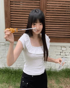 Cane Dot Frill Shirring Cap Short Sleeve T-Shirt