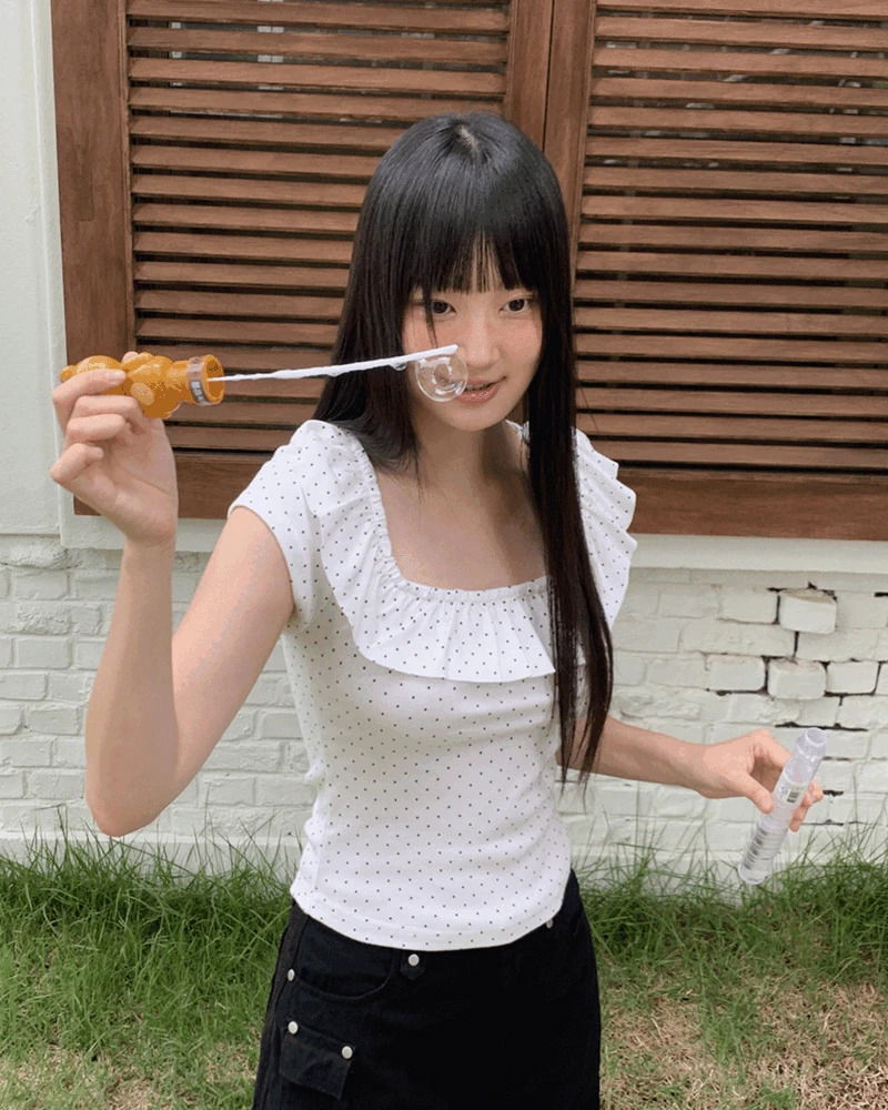 Cane Dot Frill Shirring Cap Short Sleeve T-Shirt