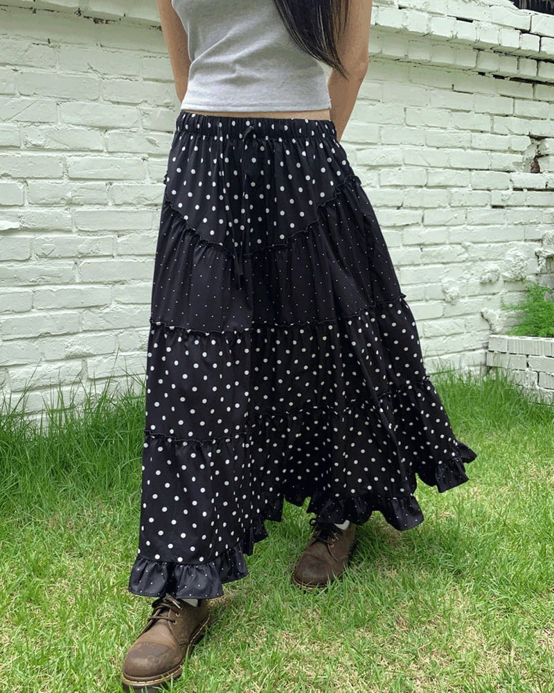 Achu Dot Shirring Cancan Lace Frill Long Skirt