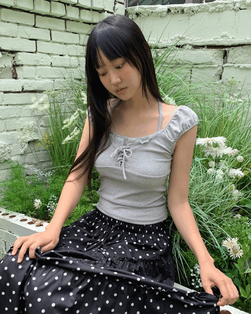 Jaden Eyelet Ribbon Halter Neck Shirring Puff Sleeveless