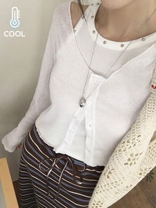 クルディ冬リネンシースルーラウンドネックフリル長袖カーディガン