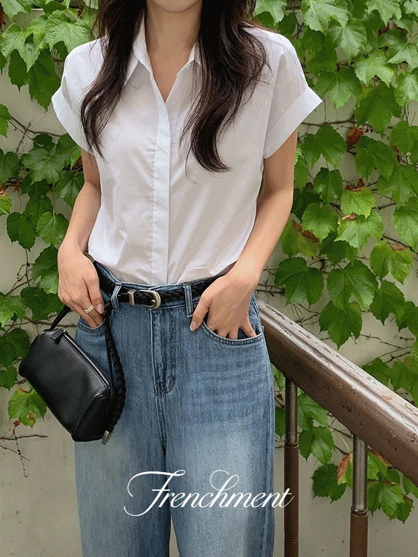 데일리 여름 히든 롤업 코튼 반팔 블라우스 셔츠(4color)