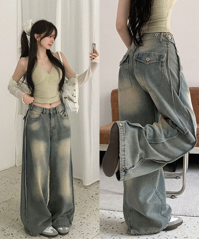 벨로 비조 워싱 빅포켓 절개 와이드 데님 팬츠