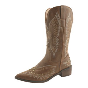 Embroidered Studded Vintage Brown Mid Heel Western Boots 4cm