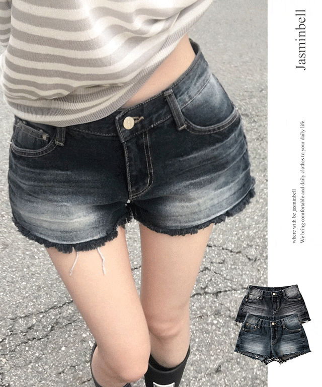 グリークローライズウォッシュ裾カットデニムショートパンツ