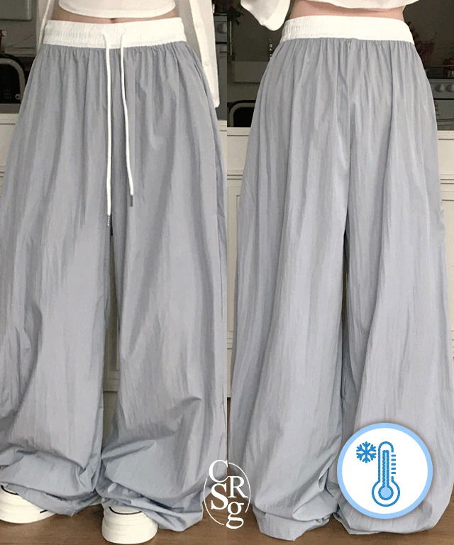 質感寬鬆尼龍拼接寬褲