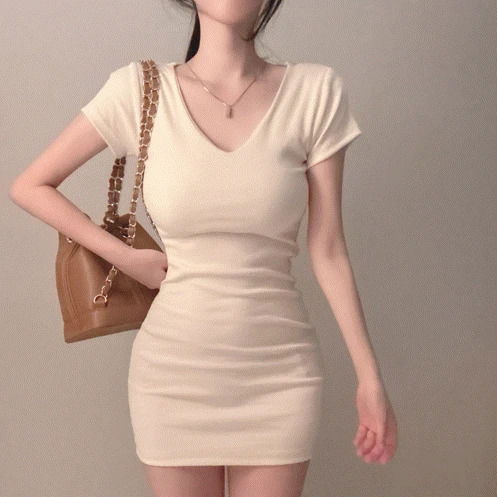 V-Neck Ribbed slim fit short sleeve mini Dress 4 colors 短裙