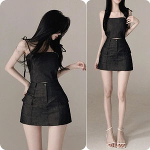 Denim Ribbon Sleeveless + Mini Skirt Two-piece Set 2color