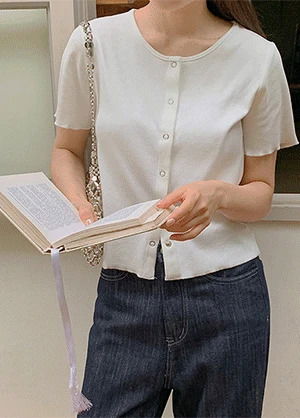 터브첸 스판 배색 세미크롭 반팔 가디건 티셔츠