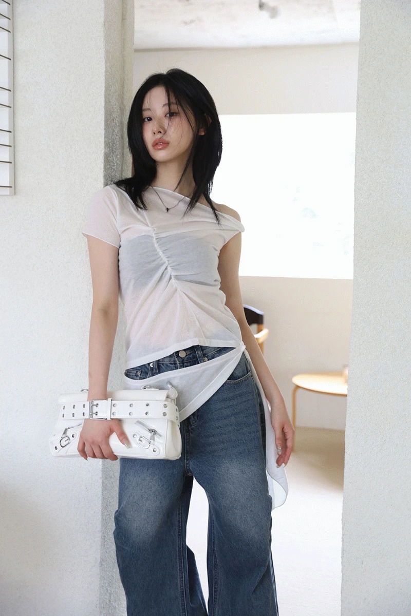 【COLOR iN ID】Unbalance Shoulder Silket Tee COLOR iN ID - Three Way Shoulder Wrap Tee - Codibook.