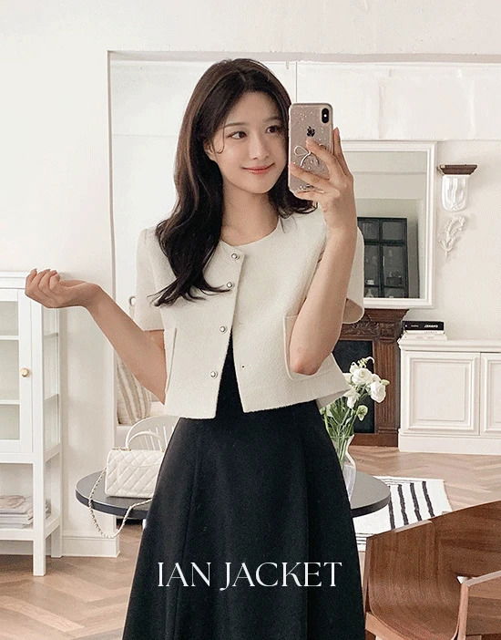 이안 반팔 트위드자켓(라운드넥/포켓/베이직/스탠다드/세미크롭/하객룩/데이트룩/오피스룩/출근룩)