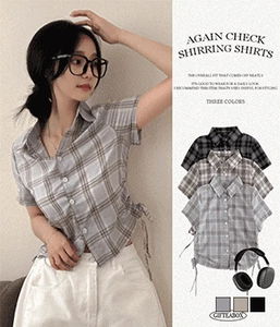 Again side shirring string check short sleeve shirt