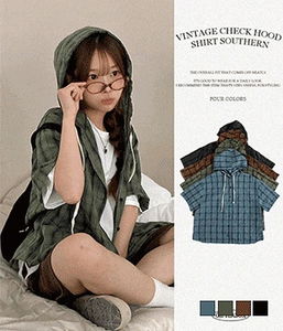 Direction Vintage Check Boxy Short Sleeve Hooded Shirt Shirt