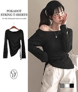 波卡圓點V領褶皺側邊長袖上衣