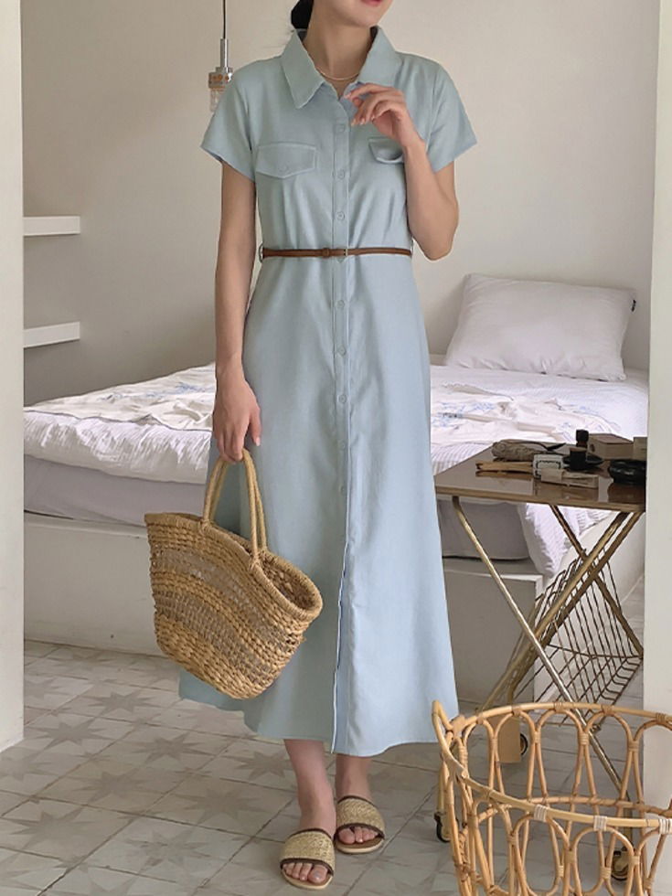 Linnebel Linen Collar Pocket Belt Long Dress