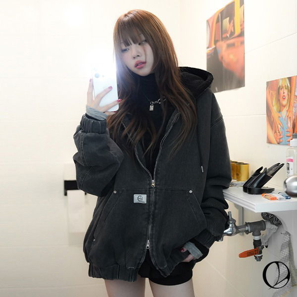 加絨連帽大學風拉鍊外套