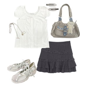 Silver,Summeroutfit,White,Shortsleeve,blouse,checker,skirt,kpop,summer,ootd 코디