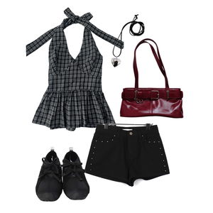 Shortpants,summer,kpop,black,plaid,checker,blouse,red,cool,ootd,ribbon 코디