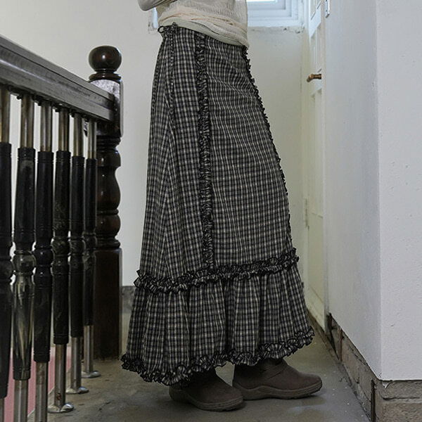 Diane Frill Check Long Skirt