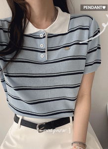 단아st,깔끔캠퍼스룩 카라넥 단가라 럭비 스트라이프 펜던트 반팔 여름 니트 4color