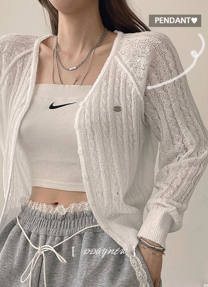 Summer, Clover Twisted Thin Pendant Sheer Summer See-through Crop Knitwear Basic Cardigan 6 Colors