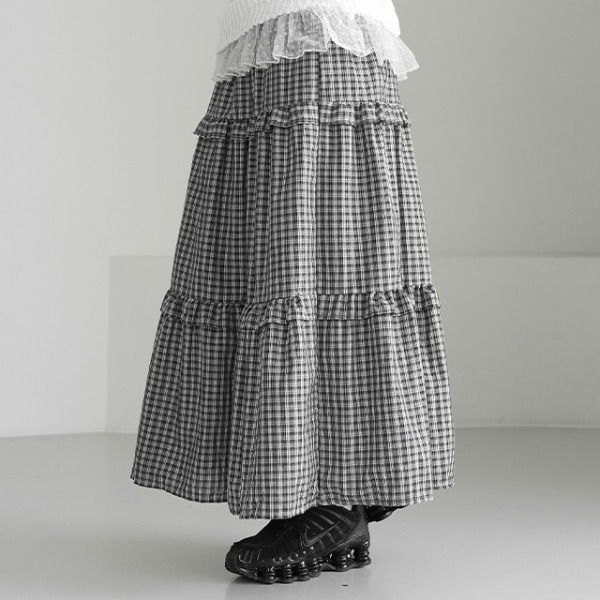 PIEN CHECK FRILL LONG SKIRT 裙子