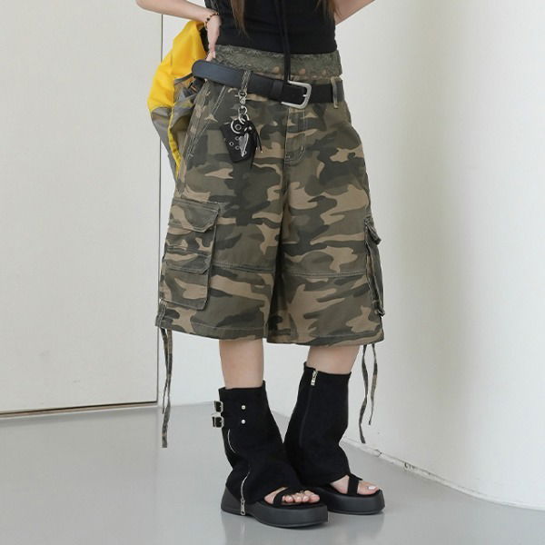 티어리 카모 카고 하프팬츠