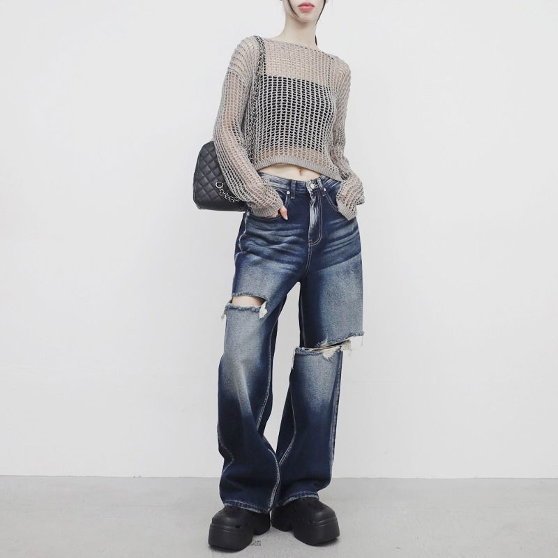 Bi-Fine See-Through Crop Knitwear