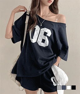 Six Numbering Loose-fit Off-Shoulder Short Sleeve T-Shirt + Short Pants Training Set