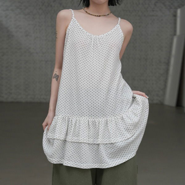 天使點點U領無袖分層洋裝