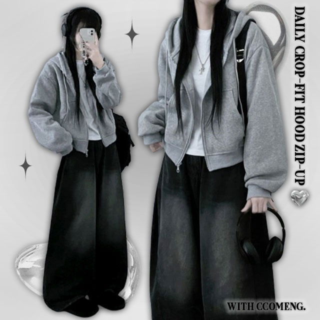 Fleece-lined lining*Crop fit plain Fleece-lined sweatshirt