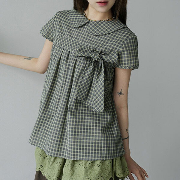 Loteven Check Ribbon Blouse