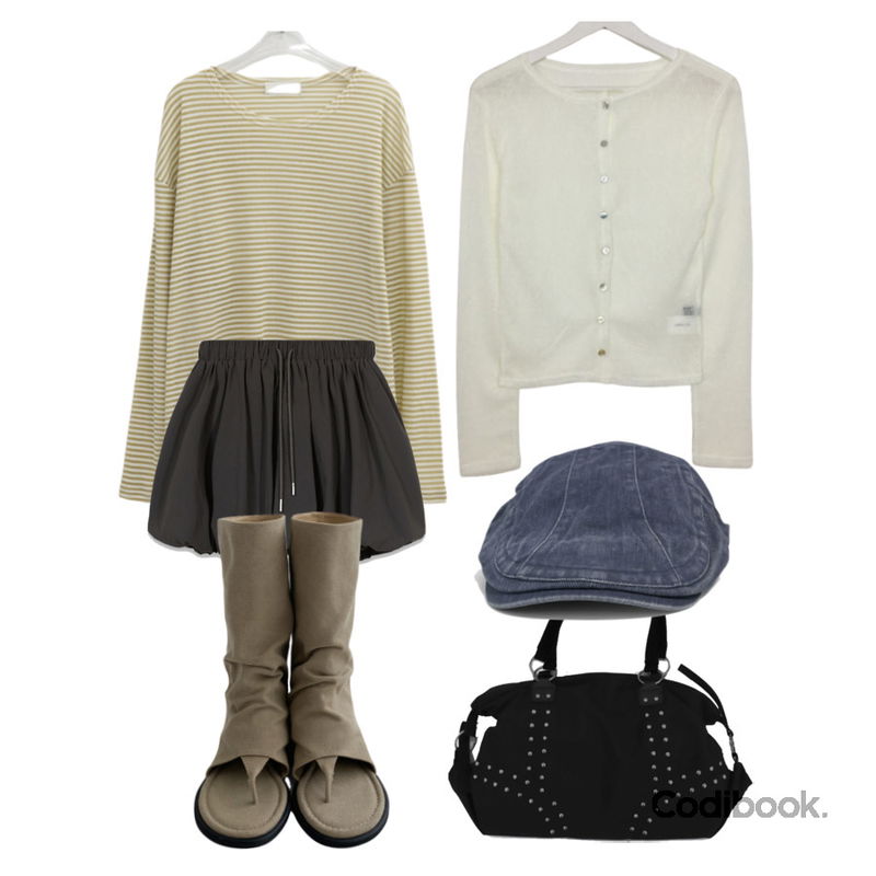 tipssy ) moly stud bag (3color),DANGDANG GIRL 스너그 빈티지 피그먼트 헌팅캡 모자,BEIDELLI 다이브 호박 미니 스커트등을 매치한 코디