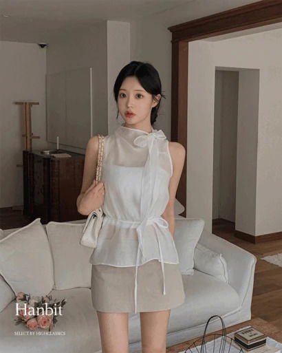 한빛 하이넥 리본타이 단추 2way 시스루 허리스트랩 하객룩 나시 블라우스