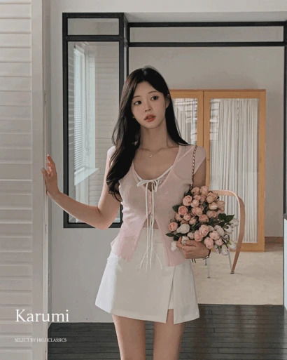카루미 브이넥 레이스망사 레이어드 리본 단추 트임 허리잘록 슬림핏 나시 니트 가디건