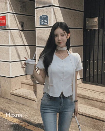 헤즈나 브이넥 버튼 페이크포켓 트임 절개라인 타이 머플러 세트 반팔 블라우스 자켓