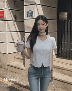 V領鈕扣繞脖短袖襯衫夾克