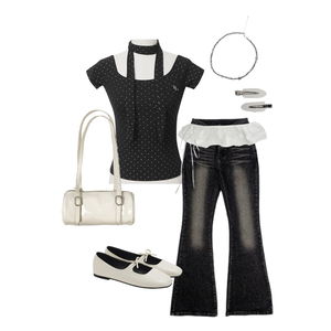 kpop,summer,polkadot,silver,denim,skirt,cute,date,black,white,feminine 코디