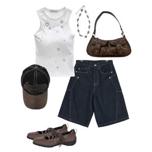 Shortpants,shorts,brown,cool,summer,kpop,white,stud,silver,coolgirl,Dailylook,tanktop 코디