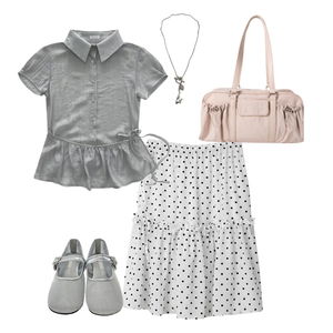Blouses,Contest,skirt,midiskirt,silver,feminine,summer,polkadot,ruffle,pink,gray,white,cute 코디