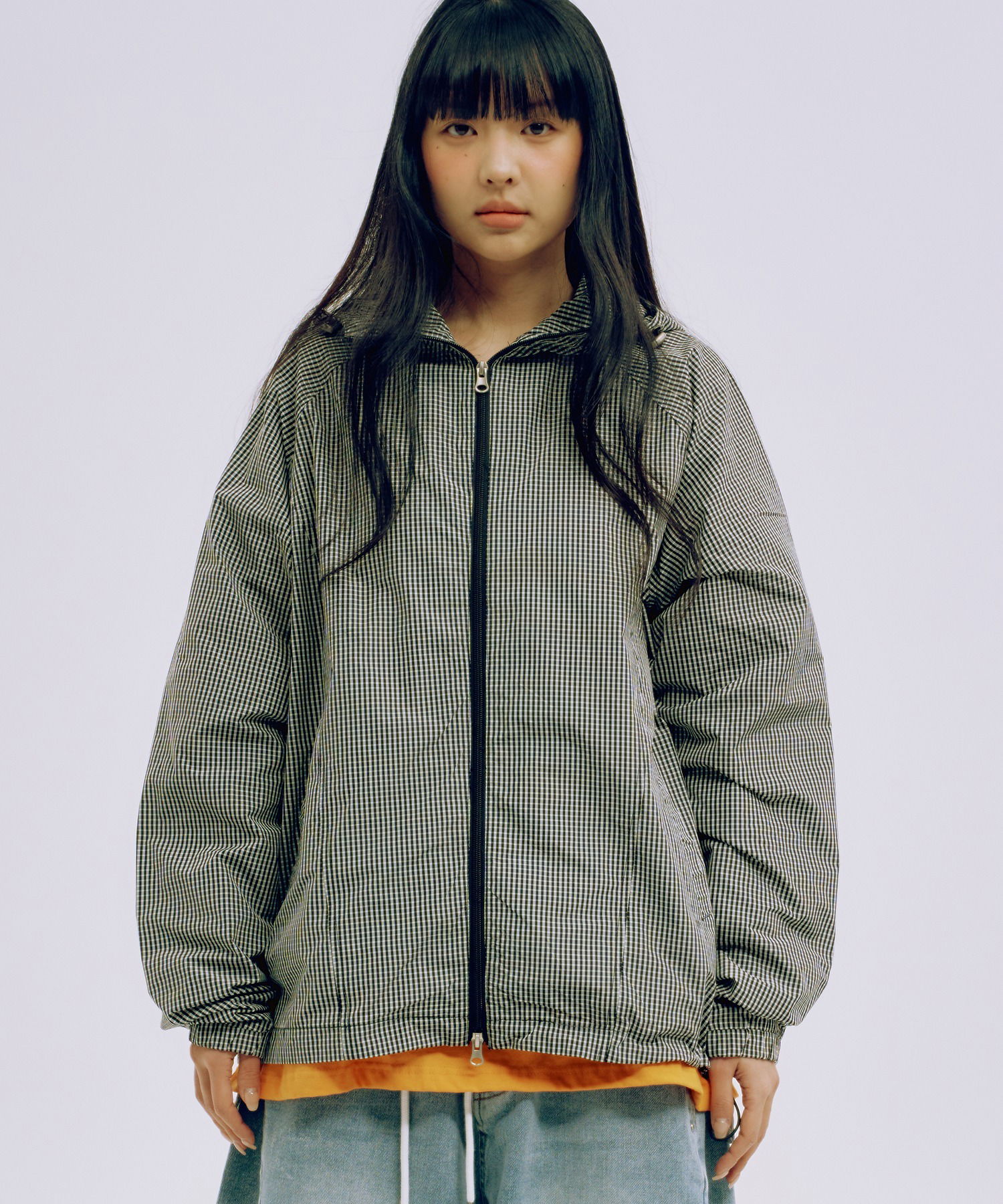 格子紋兩穿連帽風衣外套