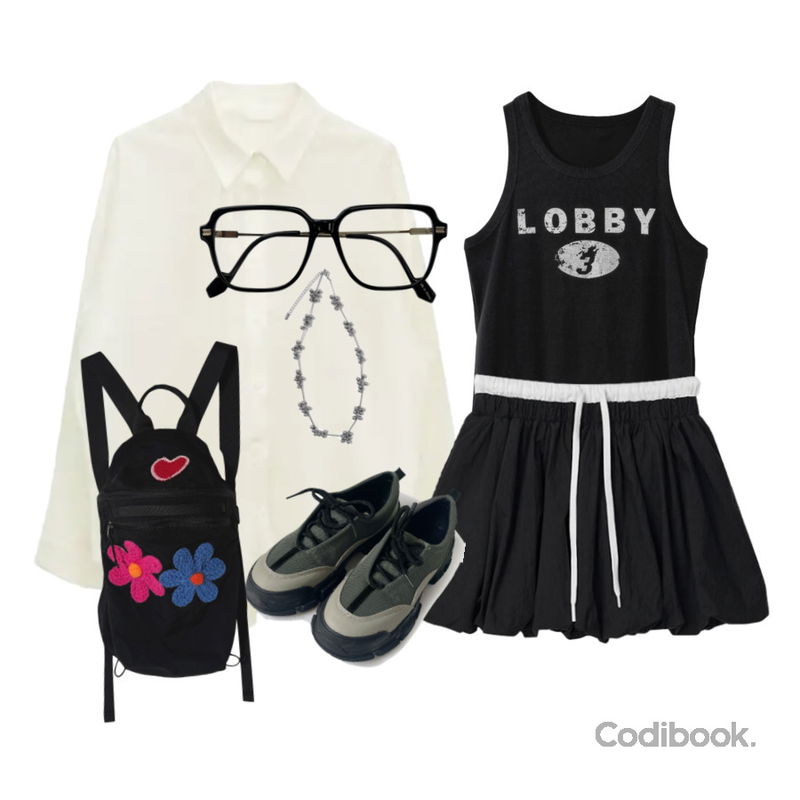 binary01 펌키니 레이어드 스커트,AAKE NERDY SQUARE GLASSES (4color),AAKE (*) SUMMER SOFT SHIRT (4color)등을 매치한 코디