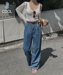 Kenz Summer Cooling High Waist Pin Tuck Blue Denim Pants