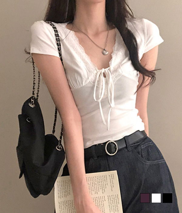 優雅蝴蝶結蕾絲短版T恤