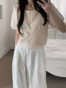 Mood Wrinkle Free Seersucker Puff Shirring Blouse (3 Colors)