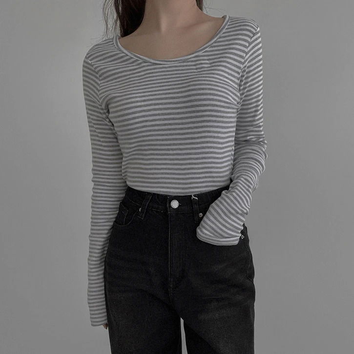 Deep U Striped 2 Rappa Neck Long Sleeve T-shirt